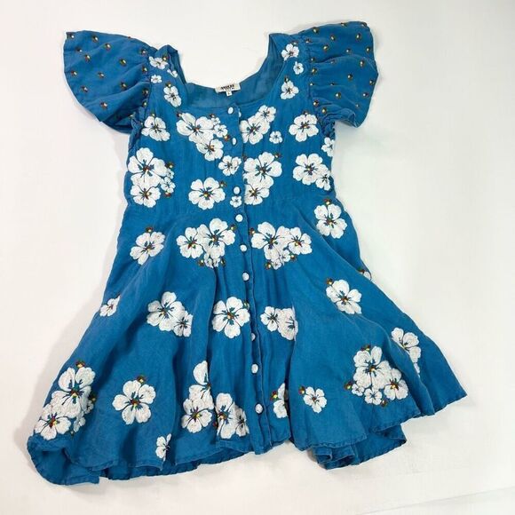 All Things Mochi Mini Dress Womens Large Blue Kay Linen Embroidered Floral - Picture 1 of 12
